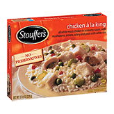 Stouffer's Classics chicken a la king; chicken in a creamy sauce w/ mushrooms, onions, celery & peas w/ white rice Left Picture